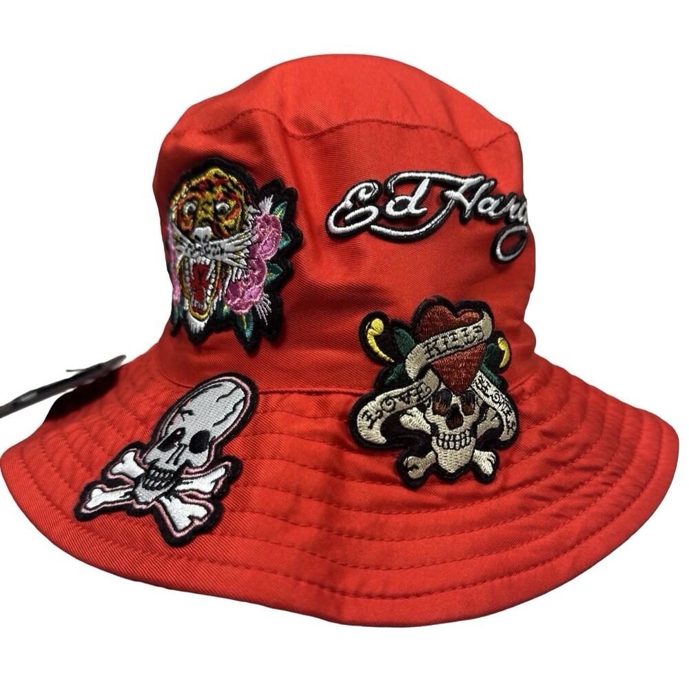 ED HARDY Bucket Hat Red Tiger Skull Love Kills Embroidered OS Unisex Y2K New
